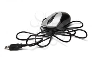 Computer muose with tangled cord isolated on white