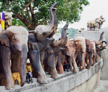 Group of decorated wooden elephants
