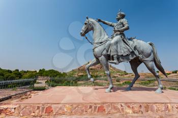 Rao Jodha statue and Mehrangarh Fort in Jodhpur, India