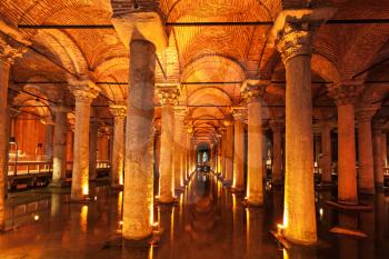 The Basilica Cistern (Turkish: Yerebatan Sarayi - Sunken Palace), is the largest of several hundred ancient cisterns that lie beneath the city of Istanbul, Turkey.