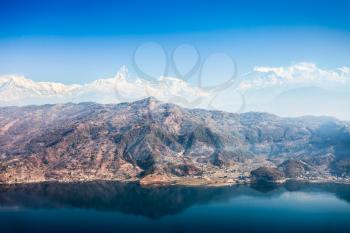 Aerial view to Phewa lake and Annapurna range from World Peace Pagoda in Pokhara, Nepal 