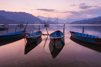 Colorful boats at Begnas lake, Pokhara region, Nepal