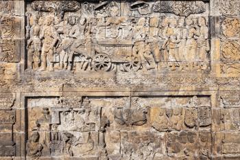 Relief panel in Borobudur Temple in Magelang, Central Java in Indonesia