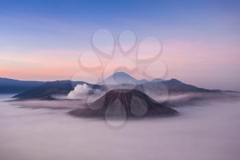 Bromo, Batok and Semeru volcanoes at sunrise, Java island, Indonesia