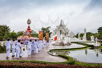 CHIANG RAI, THAILAND - NOVEMBER 06, 2014: Unidentified people celebrating Loi Krathong festival at Wat Rong Khun Temple.