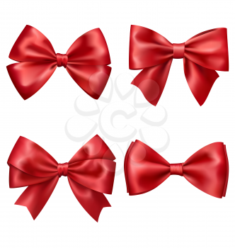 Set Collection of Festive Red Satin Bows Isolated on White Background