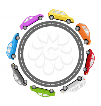 Circle Road Frame with Colorful Cars Isolated on White Background