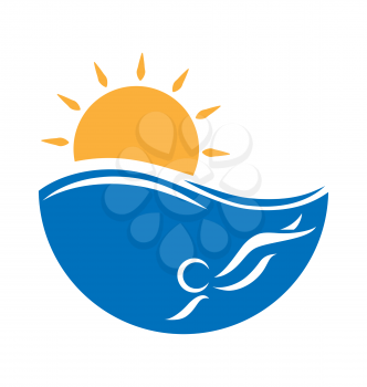 Emblem with sea, swimmer and sun isolated on white background