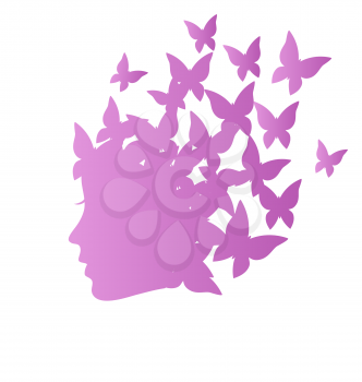 Icon with beauty woman profile with butterflies on grayscale background