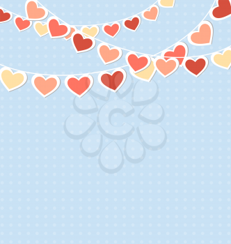 Hearts buntings garlands on blue background