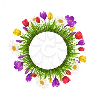 Circle frame with green grass and flowers isolated on white background