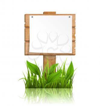 Wooden signpost with grass paper and reflection on white background