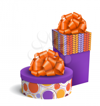 Colorful Violet and Orange Celebration Gift Boxes with Bows Isolated on White Background