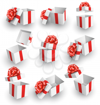 Set Collection of White Celebration Gift Boxes with Red Bows Isolated on White Background