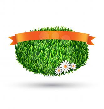 Green grass oval with chamomiles and flag isolated on white background