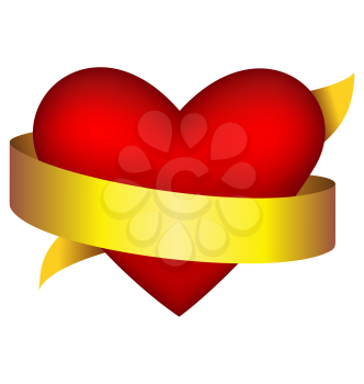 Red heart in golden ribbon isolated on white background