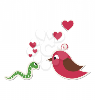 Cute loving worm and bird isolated on white background
