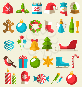 Set of Christmas Flat Icons Isolated on Beige Background