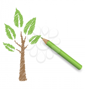 Pencil draws green tree. Eco spring floral background