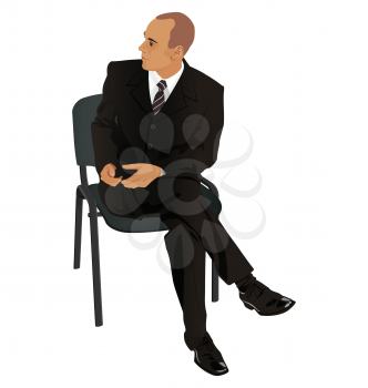 Young man on business suit sitting in office chair isolated on white background