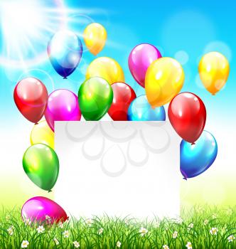 Celebration background with paper frame balloons grass lawn and sunlight on sky background