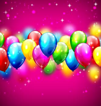 Multicolored inflatable celebration balloons on violet background