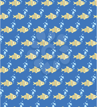 Seamless sea pattern. Yellow fish and light blue bubbles on blue background
