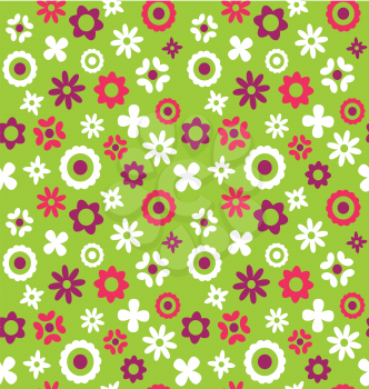 Bright Fun Abstract Seamless Pattern with Flowers Isolated on Green Background