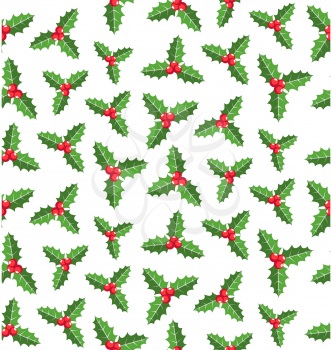 Seamless Christmas Winter Pattern with Holly Tree Isolated on White Background