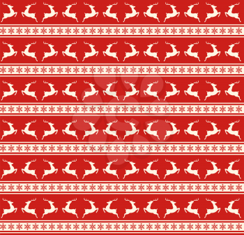 Seamless Christmas Traditional Pattern with Deers and Snowflakes Isolated on Red Background