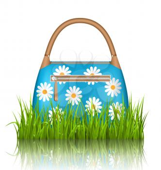 Blue woman spring bag with chamomiles flowers in grass lawn with reflection on white background