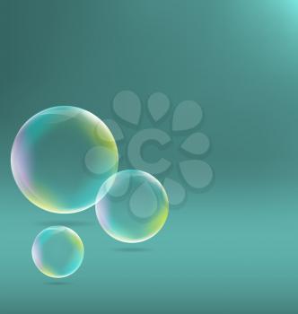 Three transparent soap bubbles with shadows on cyan background