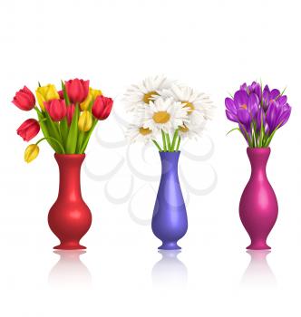Tulips chamomiles and crocuses in vases with reflection on white background