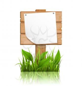 Wooden signpost with grass deflected paper and reflection on white background