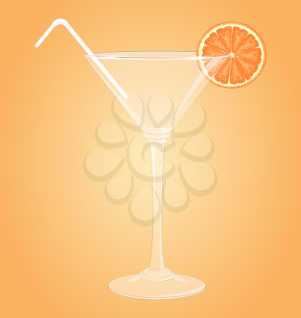 Empty glass for martini with orange and plastic tube on orange background
