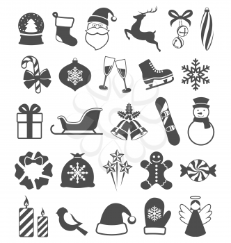 Set of Christmas Winter Flat Black Icons Isolated on White Background