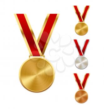 Golden Silver and Bronze Festive Winners Medals Isolated on White Background