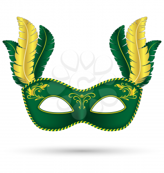 Green mask with feathers isolated on white background