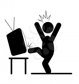 Angry man kicking TV pictogram flat icon isolated on white background