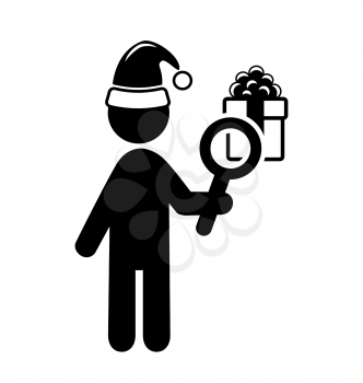 Christmas Shopping Man Search Gifts Flat Black Pictogram Icon Isolated on White Background