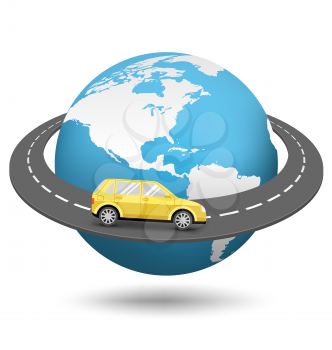 Globe with Road Around the World and Car Isolated on White Background