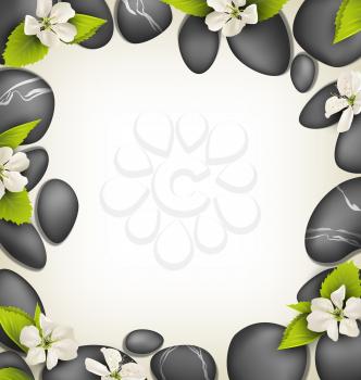 Spa stones with cherry white flowers like frame on beige background