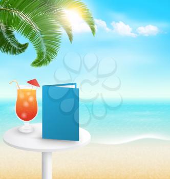 Beach with palm cocktail menu and clouds. Summer holiday vacation background