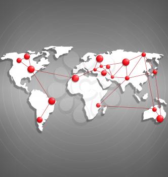 World map with red point marks on grayscale background