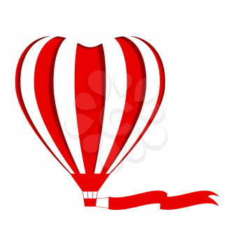Red hot air balloon in the shape of a heart cutout with blank flag on white background