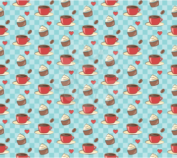 Seamless sweet pattern. Cupcake with cup of coffee and heart on blue background