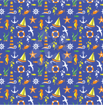 Seamless summer sea pattern isolated on blue background
