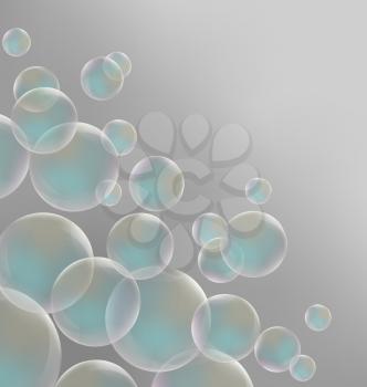 Transparent blue soap bubbles on grayscale background