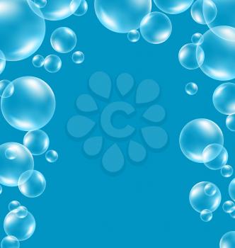 Transparent soap bubbles like frame on blue background