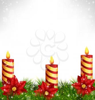 Three burning Christmas candles with pine branches and flowers of poinsettia in snowfall on grayscale background